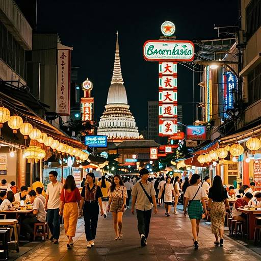 Vibrant nighttime photograph of a bustling Japanese street with neon signs, illuminated lanterns, and people dining, featuring Tokyo's Yasukuni Shrine in