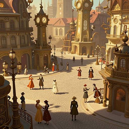 Digital painting of a sunlit, Victorian-style town square with clock towers, cobblestone streets, and people in elaborate, period clothing.