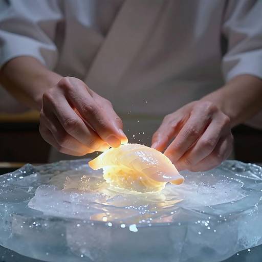 Photograph of hands carefully flipping a glowing, golden pancake on a glass griddle, with bright sparks and a white chef's jacket.