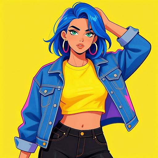 Digital art of a blue-haired woman with green eyes, wearing a yellow crop top, blue denim jacket, and black pants, against a bright yellow background