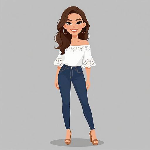 Digital cartoon of a smiling woman with long brown hair, wearing a white off-shoulder top, dark blue jeans, and brown heels, against a