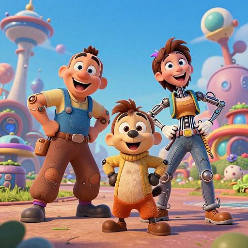CGI cartoon image of three cheerful, robot-like children with overalls and striped shirts, standing in a colorful, futuristic town.