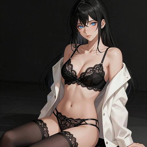 Anime Woman in Black Lace Lingerie