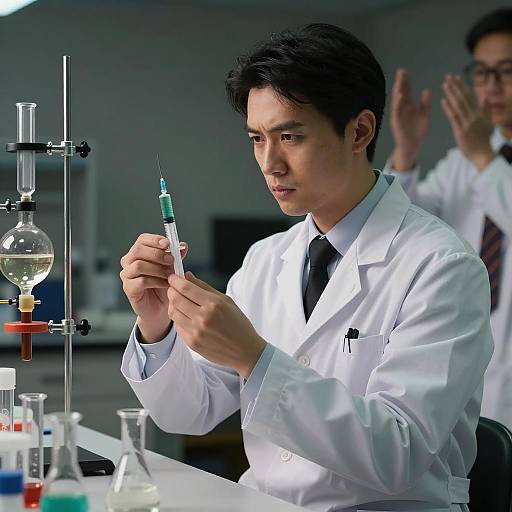 Intense Scientist with Green Syringe