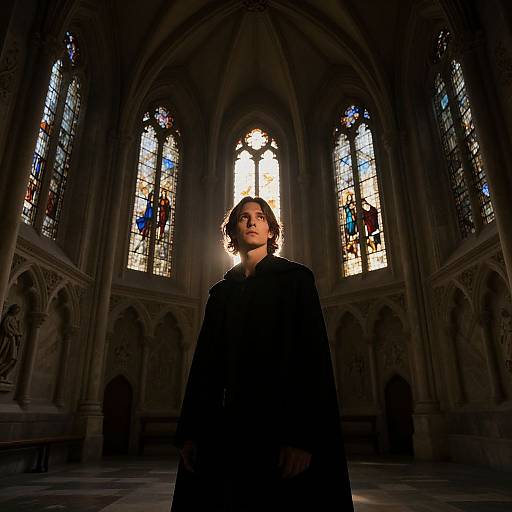 Photograph of a young man with curly hair, dressed in black, standing in a Gothic cathedral with sunlit stained glass windows behind him, casting dramatic