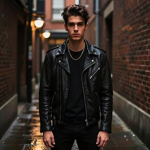 Photograph of a young, handsome man with dark curly hair, wearing a black leather jacket, black shirt, and necklace, standing in a narrow,