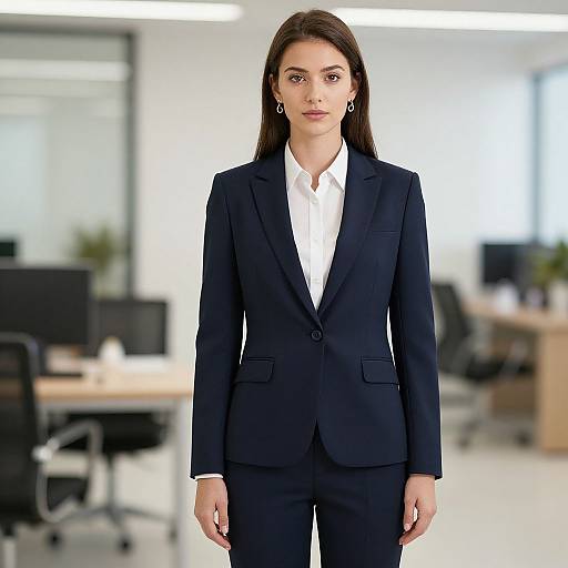 Photograph of a serious, attractive woman with long brown hair, wearing a black suit and white shirt, standing in a bright, modern office.