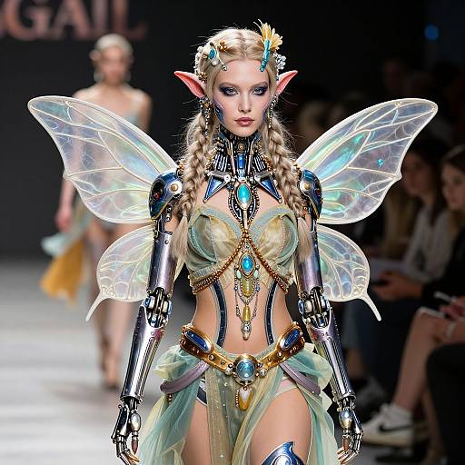 Photograph of a fantasy runway model with elf ears, translucent wings, braided blonde hair, glowing blue jewelry, metallic armor, and sheer green fabric