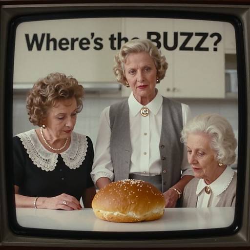 Photograph of three elderly women in vintage attire, standing in a kitchen, with 