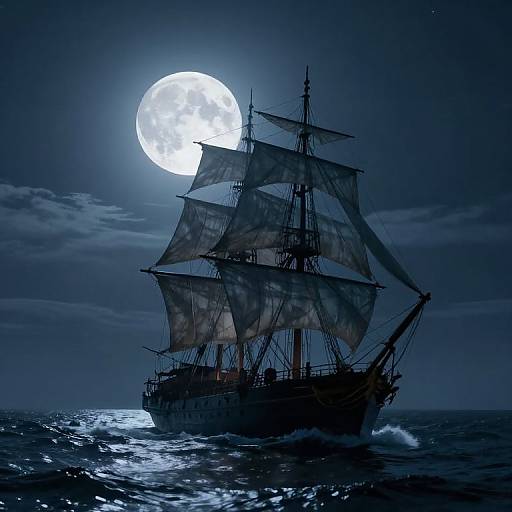 Spectral Ship Sailing Moonlit Waters