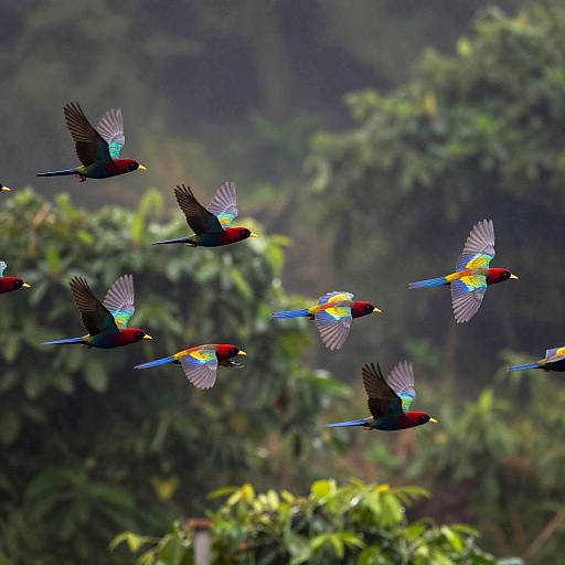 Colorful Tropical Birds in Misty Rainforest
