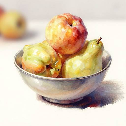 Digital painting of a metallic bowl filled with vibrant red and yellow apples, and green pears, with a blurred background.