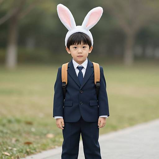 Photograph of an Asian boy in a black suit, white shirt, and tie, wearing white bunny ears, brown backpack, standing on a path in