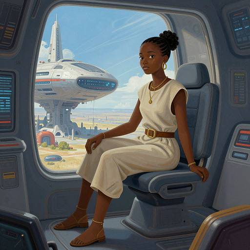Digital painting of a Black woman with a bun, wearing a white dress and gold jewelry, seated in a futuristic spaceship cockpit, gazing at a spaceship