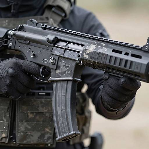 Photograph of a soldier in black tactical gear, holding a black, pixelated-patterned assault rifle with a metal magazine, wearing textured gloves.