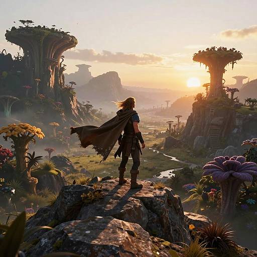 Digital fantasy artwork: A lone adventurer with flowing brown hair and cloak stands on a rocky outcrop, gazing at a sunset-lit, alien landscape