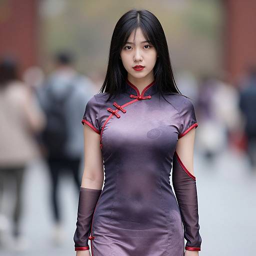 Photograph of an East Asian woman with long black hair, wearing a shiny purple cheongsam with red trim, standing in a blurred outdoor crowd.