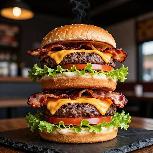 Double Bacon Cheeseburger with Lettuce and Tomato