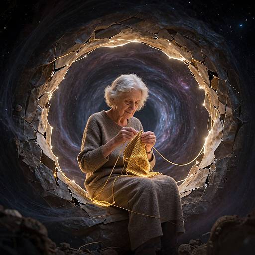 Photograph of elderly woman with white hair, wearing brown sweater and pants, knitting while surrounded by a glowing, circular string light against a cosmic, dark