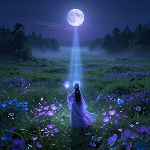 Mystical night scene: ethereal figure in flowing dress holds glowing orb, illuminated by moonlight, standing among vibrant blue and purple flowers, surrounded