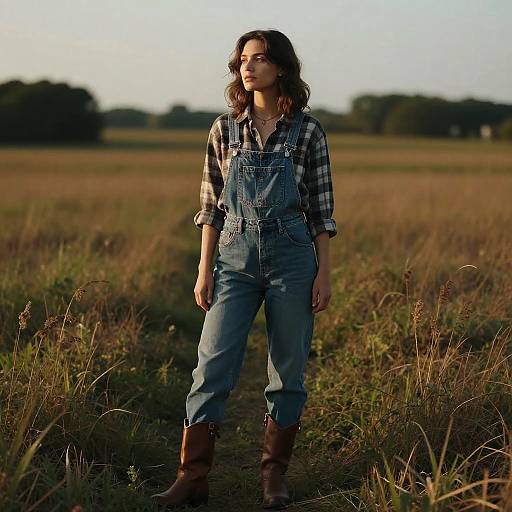 Photograph of a young woman with wavy brown hair, wearing a plaid shirt and blue denim overalls, standing in a sunlit, grass