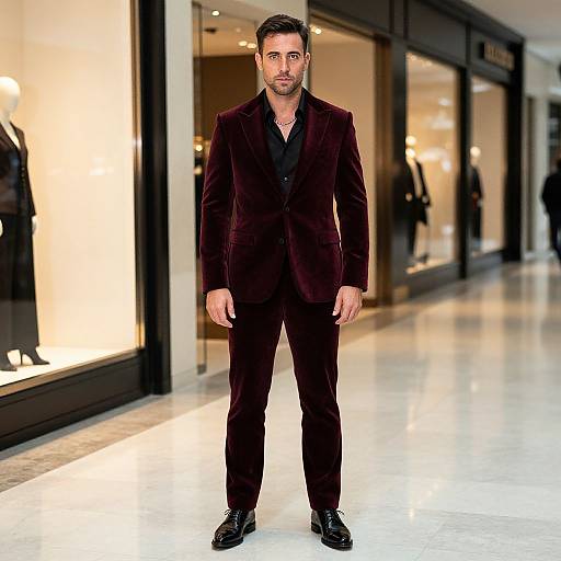 Photograph of a handsome man with dark hair and beard, wearing a black velvet suit, standing in a brightly lit shopping mall.