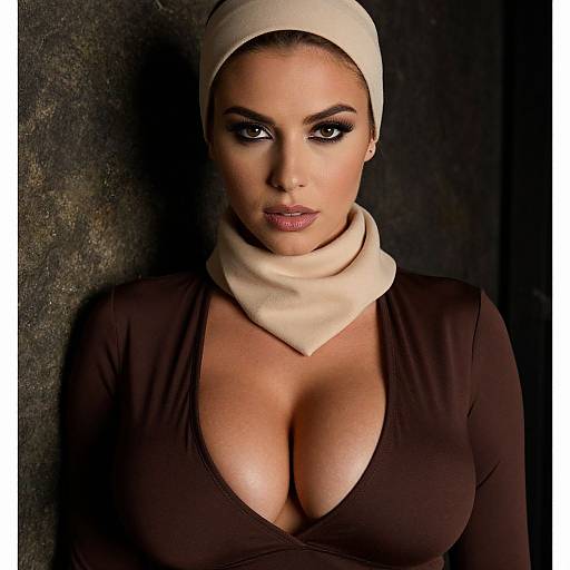 Photograph of a woman with olive skin, dark eyebrows, and brown eyes, wearing a beige headscarf and deep brown top, showcasing large cle