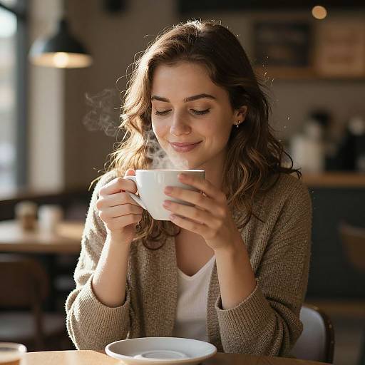 Photograph of a smiling young woman with wavy brown hair, wearing a beige cardigan and white top, holding a steaming white cup, seated