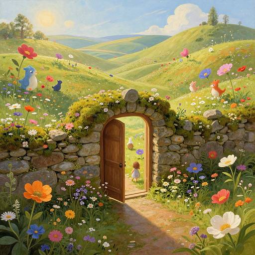 Whimsical digital painting of a sunlit, flower-filled meadow with a stone archway, colorful wildflowers, and a child in a white