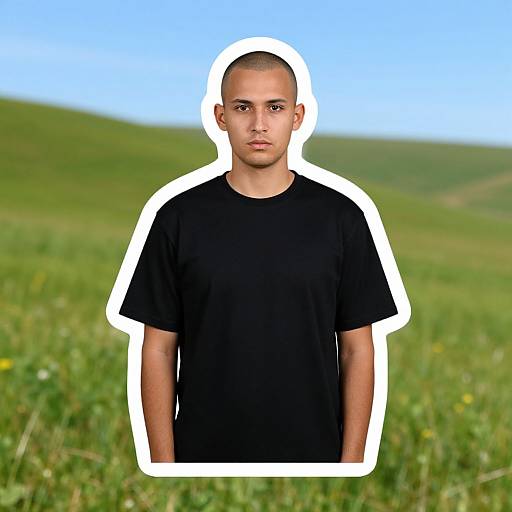 Photograph of a young man with a shaved head, light brown skin, and neutral expression, wearing a black t-shirt, set against a blurred green