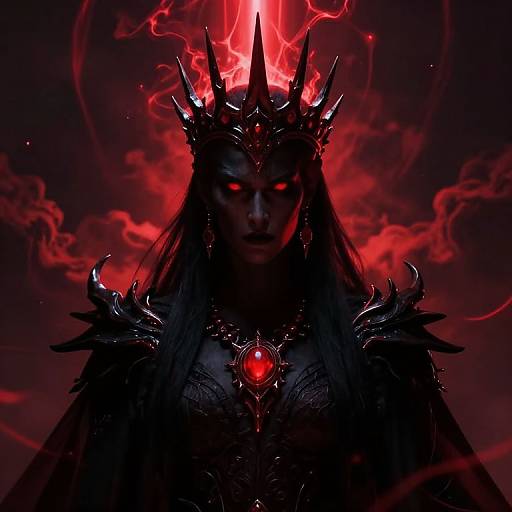 Dark, ominous digital artwork of a crowned, glowing red-eyed figure with black, spiked armor and a fiery red heart pendant, set against a swirling red