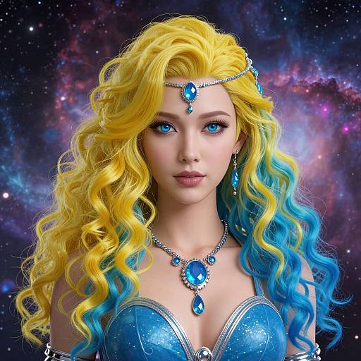 Digital artwork of a fair-skinned woman with long, wavy yellow-to-blue hair, wearing a blue, armored top with blue jewels, and a
