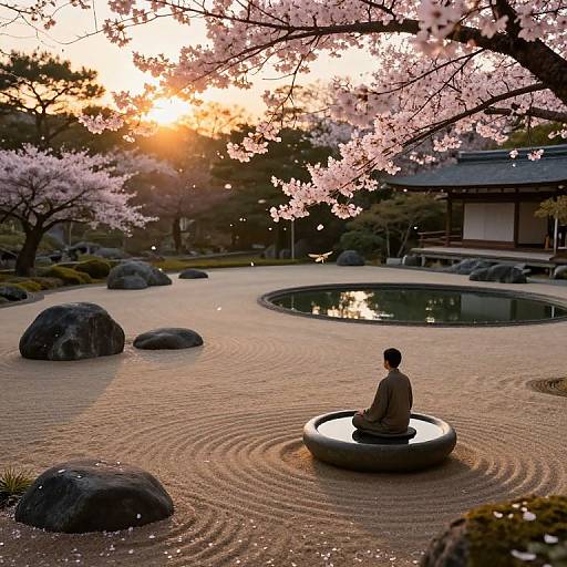Photograph of a Zen garden at sunset, featuring a meditating figure on a circular stone base, surrounded by raked gravel, cherry blossoms,