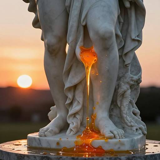 Photograph of a white marble statue with legs and feet, featuring a glowing, amber liquid dripping down from its center, set against an orange sunset background