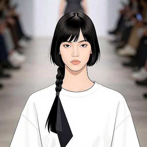 Digital illustration of an androgynous Asian model with black braided hair, wearing a white shirt with a black tie, on a blurred fashion runway
