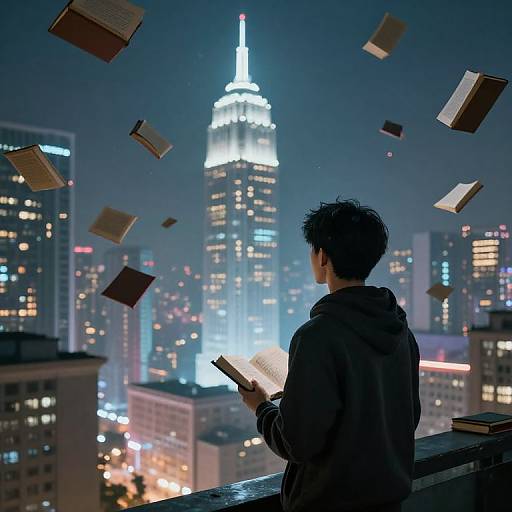 Photograph of a young man with messy dark hair, in a hoodie, reading as books float around him against a glowing New York City skyline, with