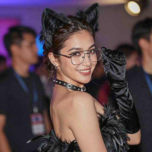 Chic Woman with Cat Ears and Feathered Accessories