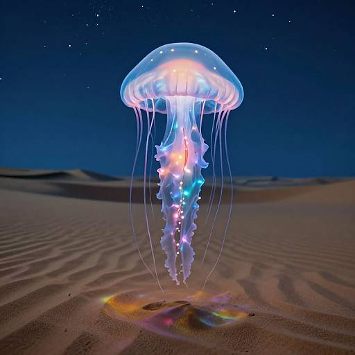 Photograph of a glowing, multicolored jellyfish floating over a sandy desert under a starry night sky, with its translucent tentacles trailing down