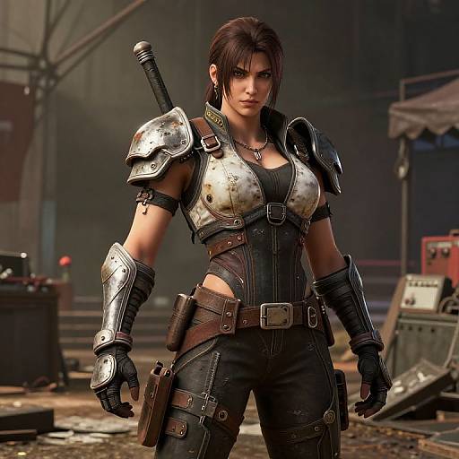 CGI image of a tough, dark-haired woman in rugged armor with shoulder pauldrons, black leather gloves, and belt, standing in a gritty