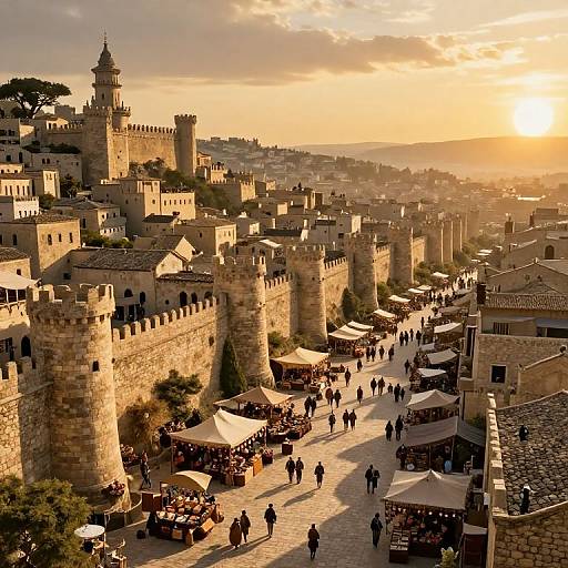 Photograph of a sunlit medieval marketplace in Acre, Israel, with towering stone towers, bustling stalls, and people walking along a cobblestone