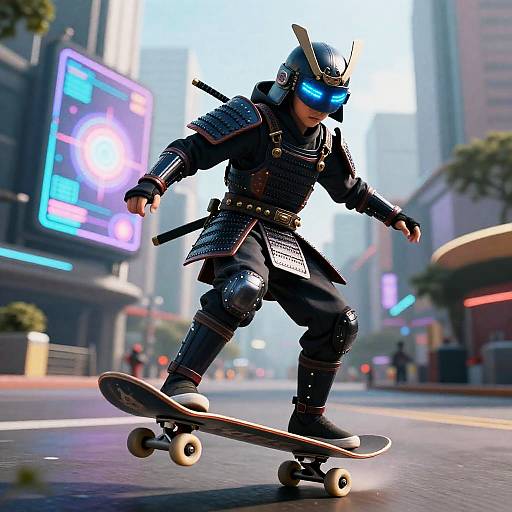 Neon Cyberpunk Samurai Boy Skateboard