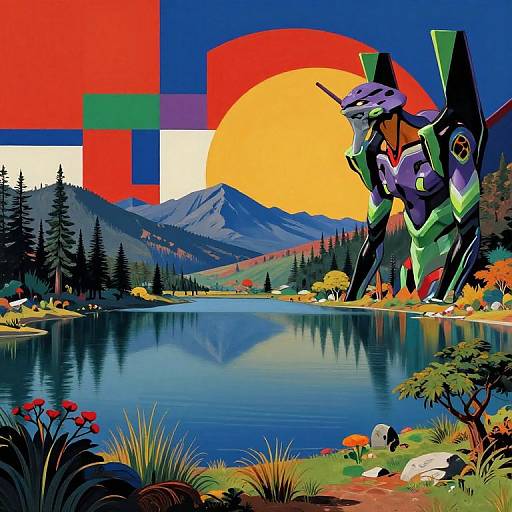 Psychedelic Landscape with Futuristic Robot