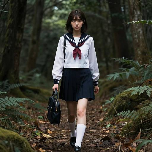 Photograph of an Asian girl in a Japanese school uniform, black skirt, white blouse with red tie, holding black bag, walking through a dark,