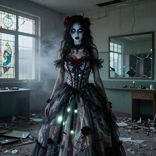 Photograph of a pale, eerie woman with black curly hair, white face paint, and a blood-stained, tattered black dress, standing in