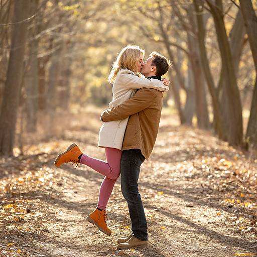 Photograph of a blonde woman in a white coat and pink leggings, being kissed by a dark-haired man in a brown jacket, standing on a sun
