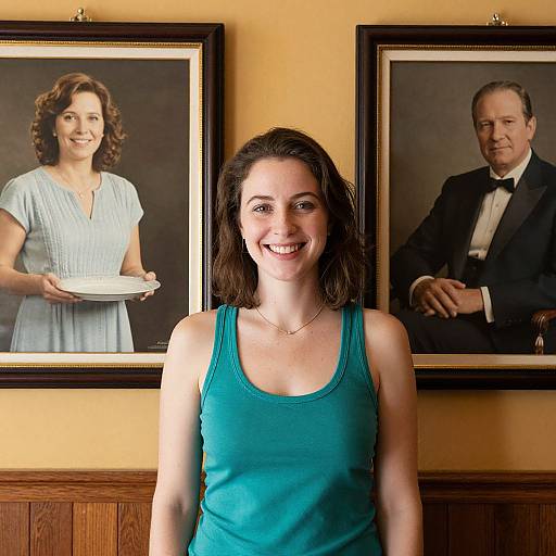 Photograph of smiling brunette woman in teal tank top, framed by two portraits of a smiling woman and a formal man.