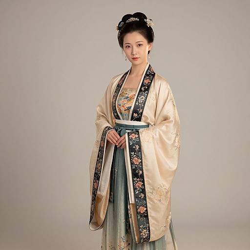 Photograph of an East Asian woman in traditional kimono with beige and black floral pattern, blue sash, black hair bun, and red lipstick,