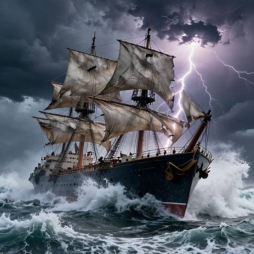 Stormy seascape photograph of a dramatic, lightning-struck, three-masted ship with billowing sails, crashing waves, and dark, stormy
