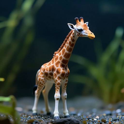 Photograph of a small, detailed, realistic model giraffe with orange and brown spots standing on a dark, rocky, aquatic-themed background.