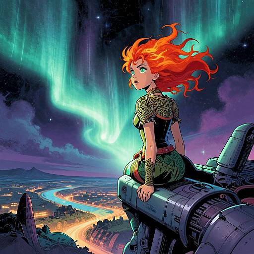 Digital art of a red-haired woman with green eyes, wearing ornate armor, sitting on a futuristic cannon, gazing at a vibrant aurora bore
